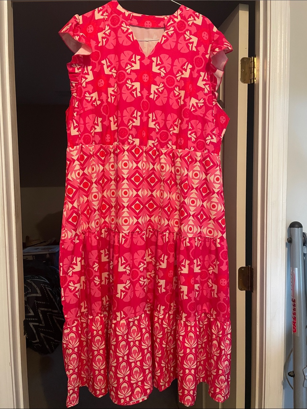 SHEIN Pink and White Printed Tiered Midi Dress